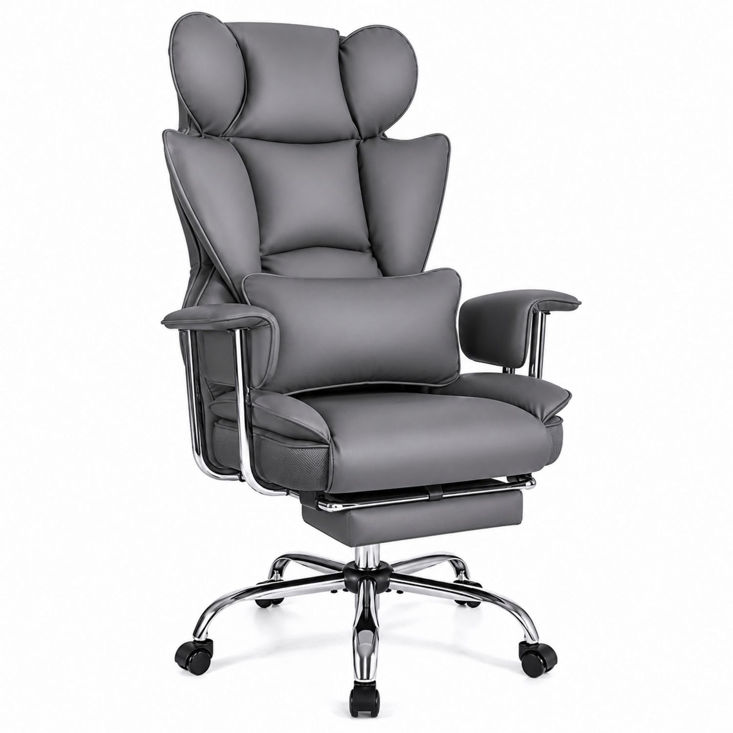 Ergonomic Office Chair with Adjustable Armrests and Footrest in Gray PU Leather
