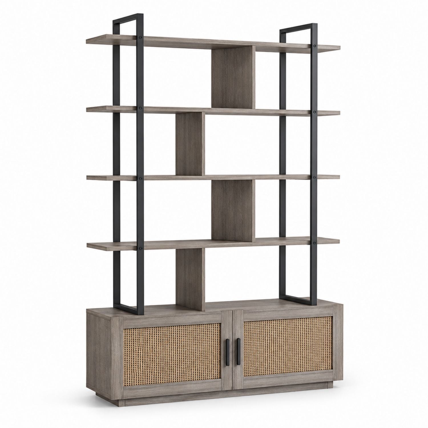 Wooden Tall Bookcase with Metal Frame and Rattan Cabinet 180cm