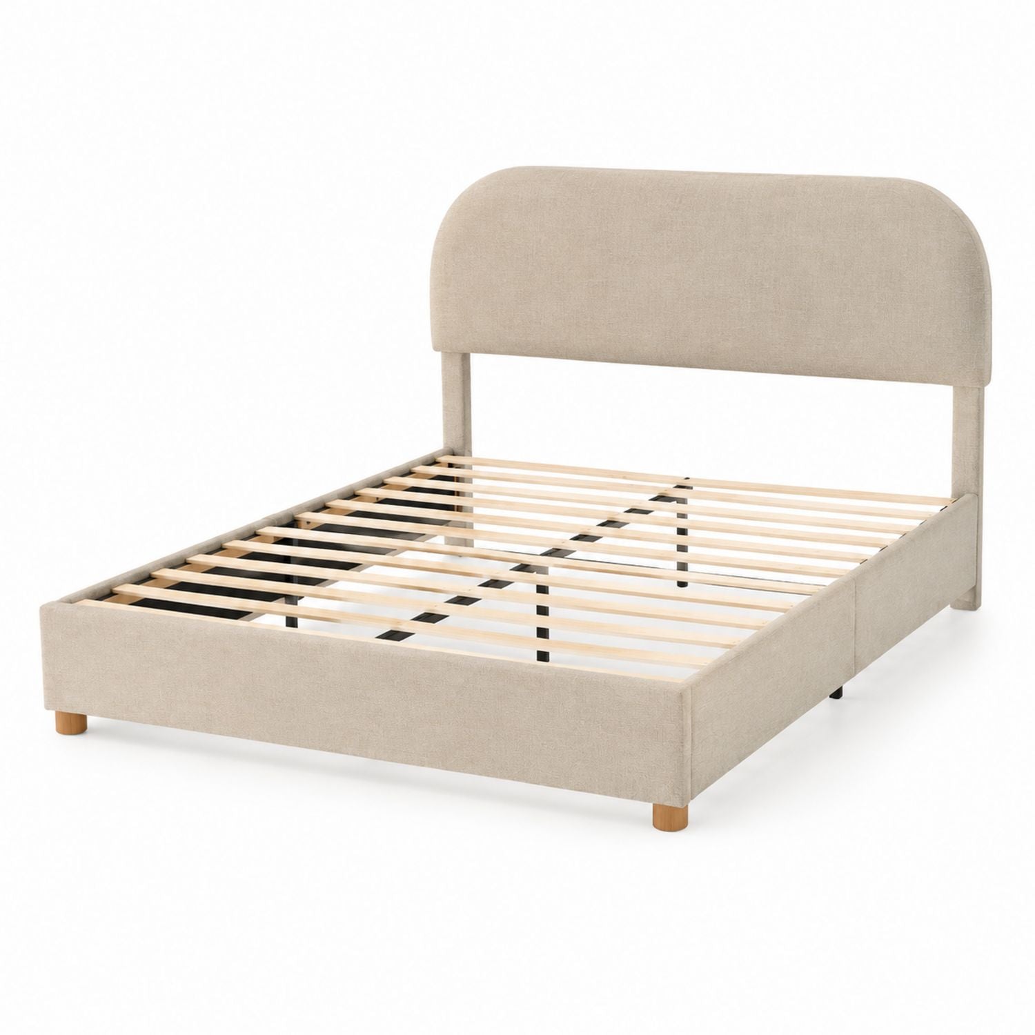 Beige Upholstered Platform Bed with Wood Frame, Queen Size