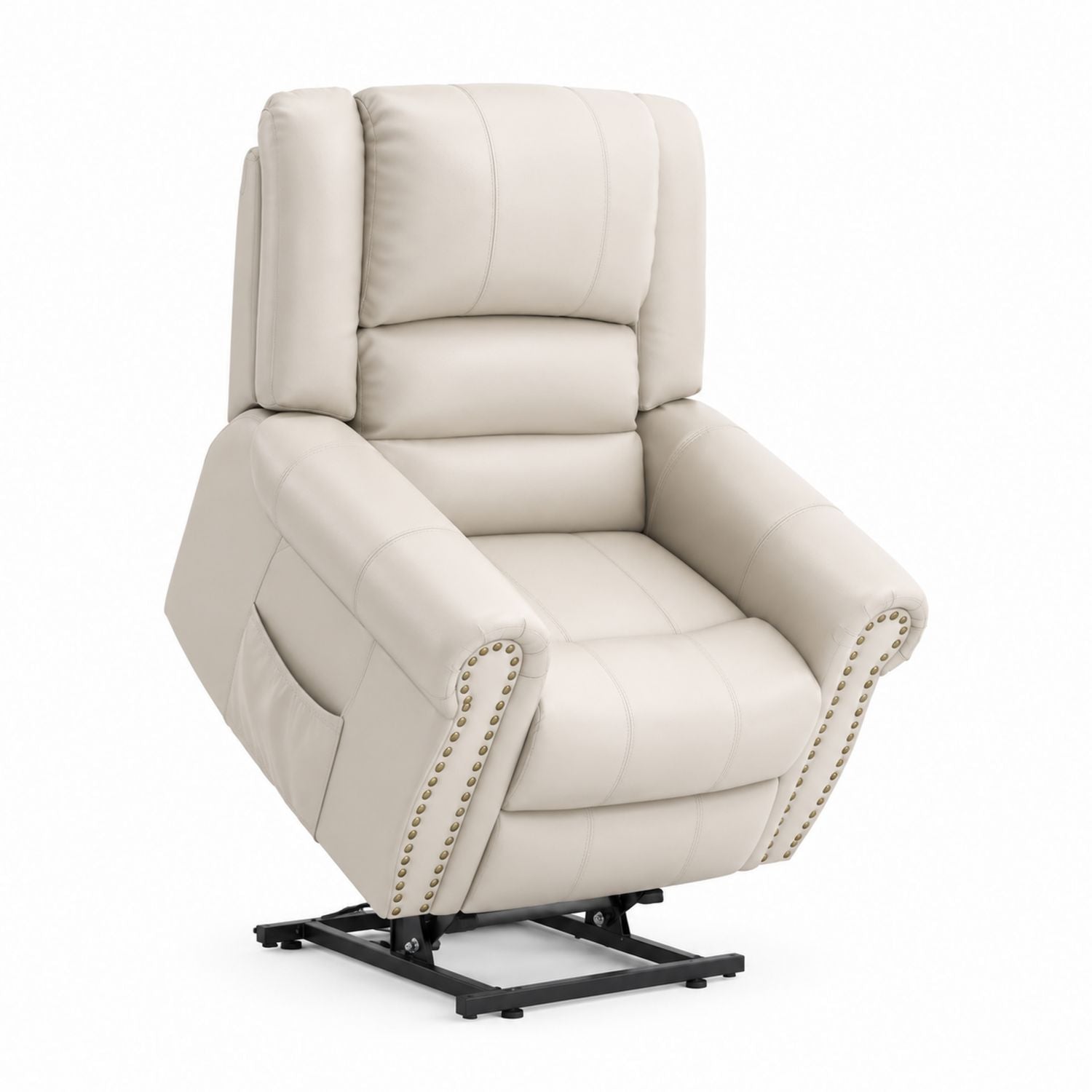 PU Leather Lift Recliner Chair with Nailhead Trim Beige 78cm L x 90cm W x 105cm H