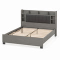 Wooden Queen Bed Frame with Fabric Upholstered Headboard and Shelves Gray