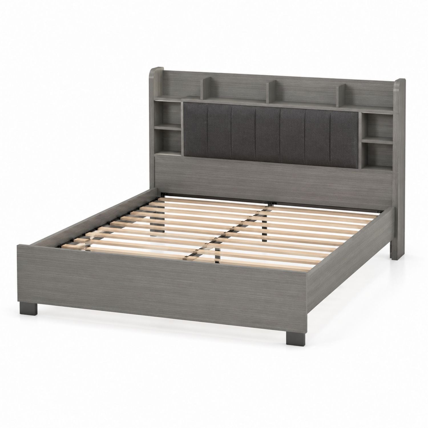 Wooden Queen Bed Frame with Fabric Upholstered Headboard and Shelves Gray
