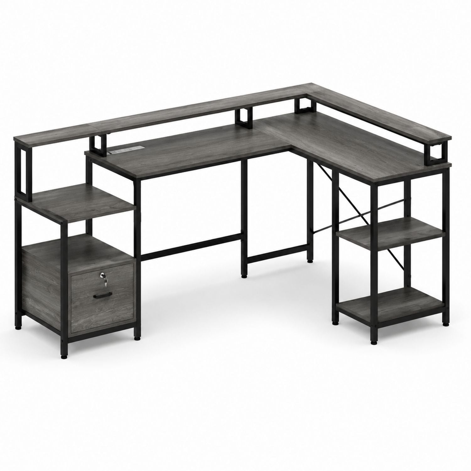 Corner L-Shaped Desk with Shelves and Drawer Gray Metal Wood
