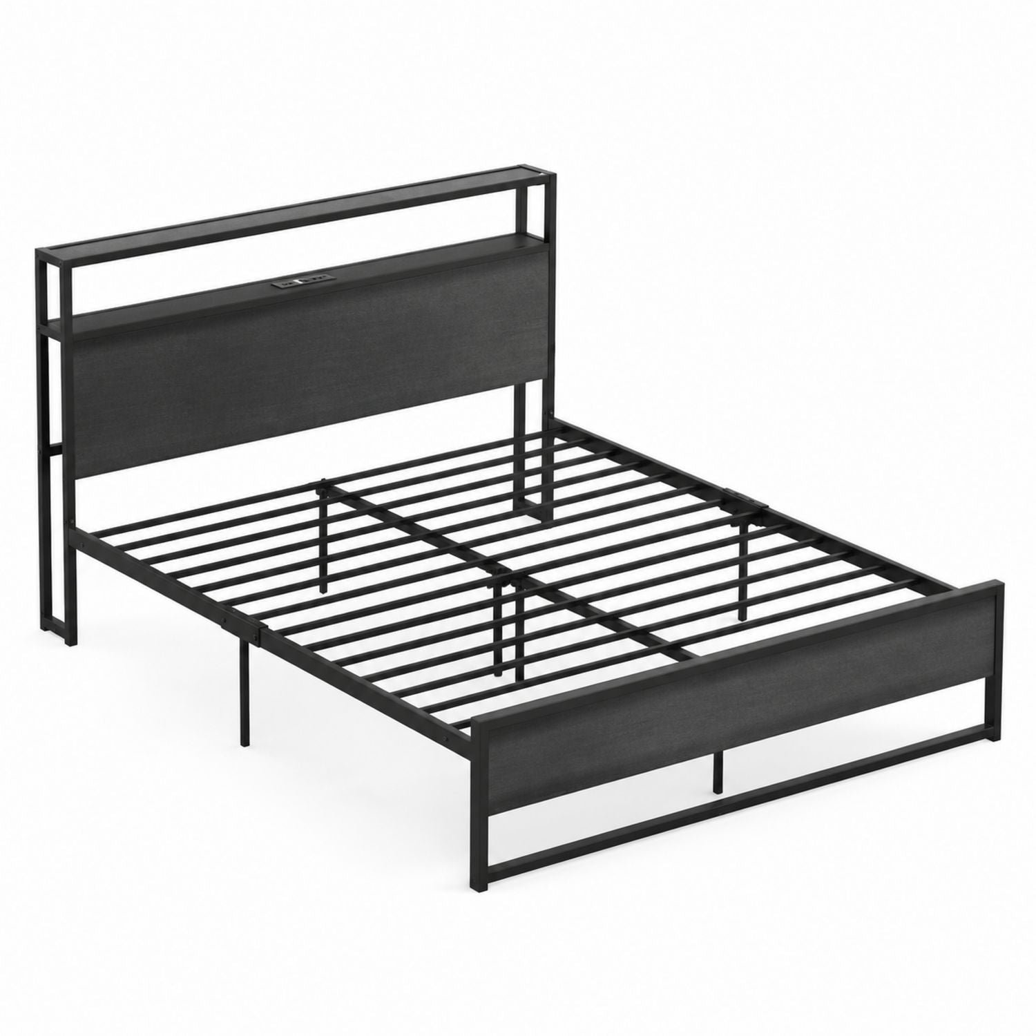 Black Metal Bed Frame with Headboard and Footboard Queen Size