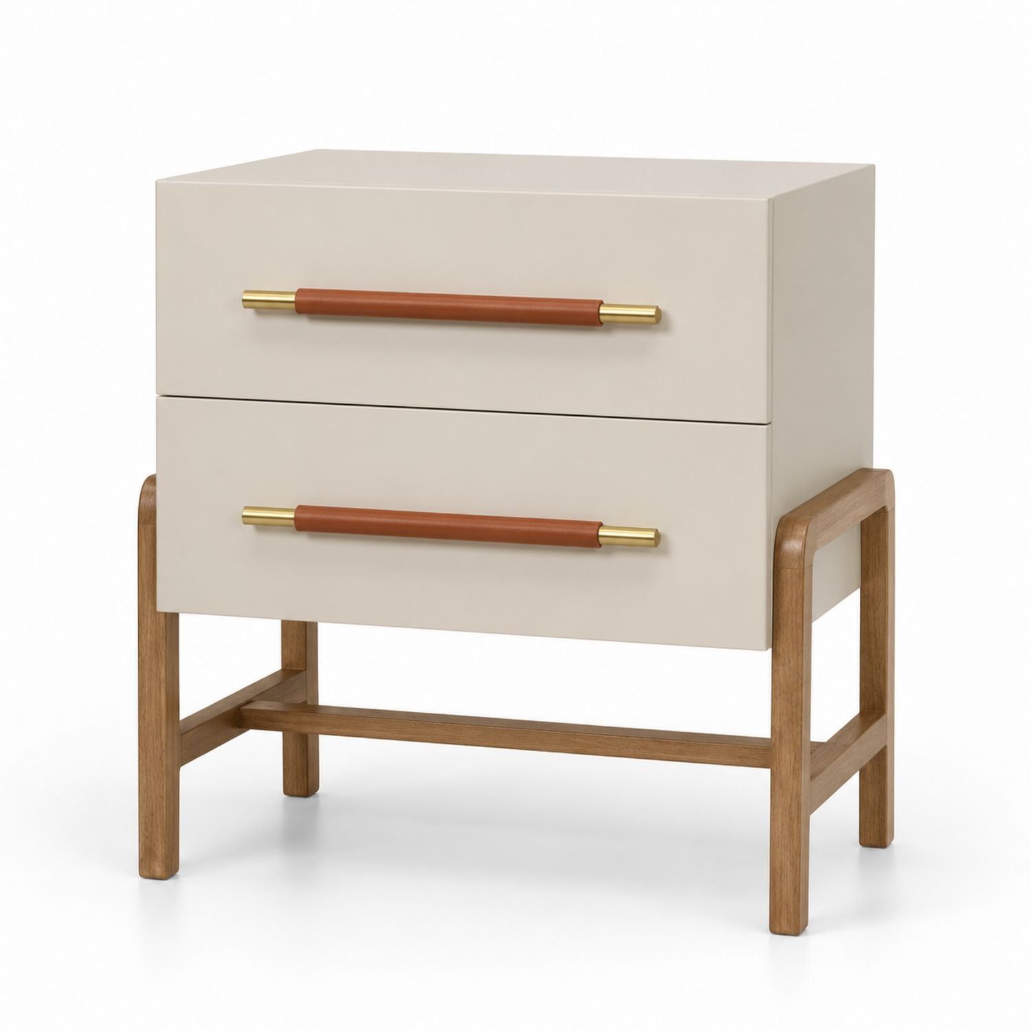 Two-Drawer Nightstand with Oak Frame, Brass and Leather Handles