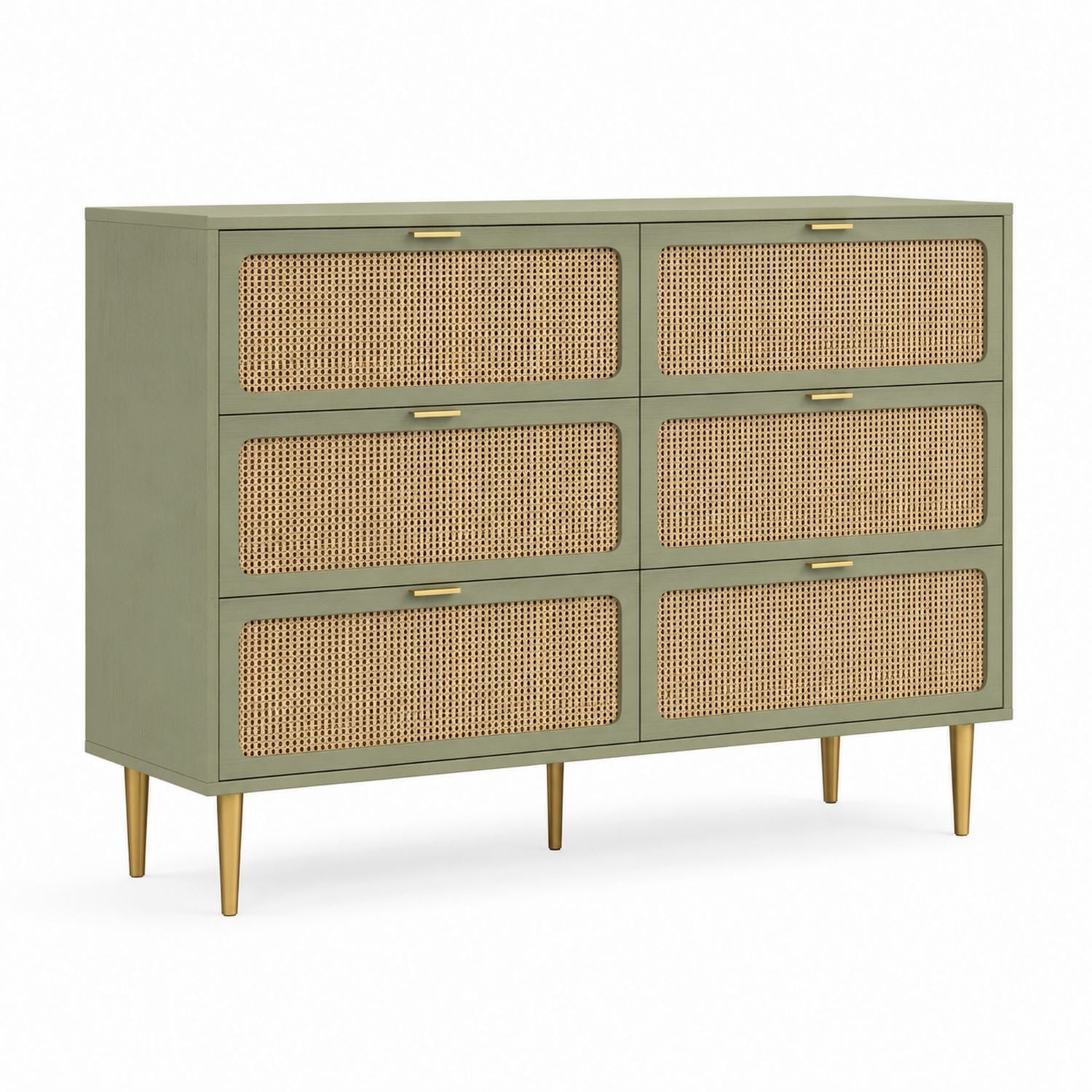Green Wood and Cane Dresser with Six Drawers