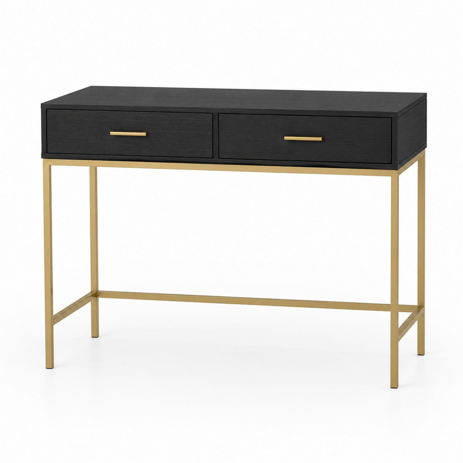 Black Wood Console Table with Gold Metal Frame and Drawers