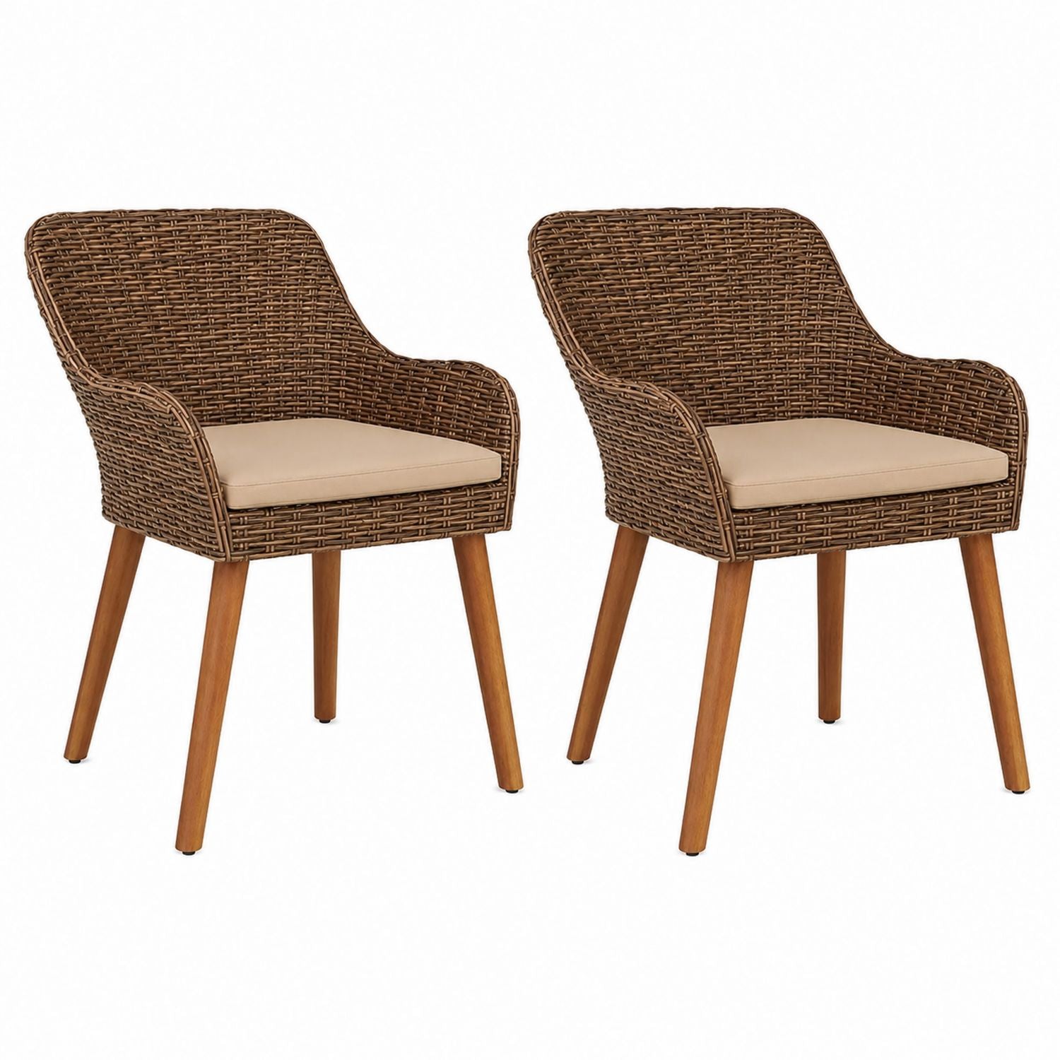 Set of 2 Wicker Chairs with Wood Legs and Polyester Cushions Beige
