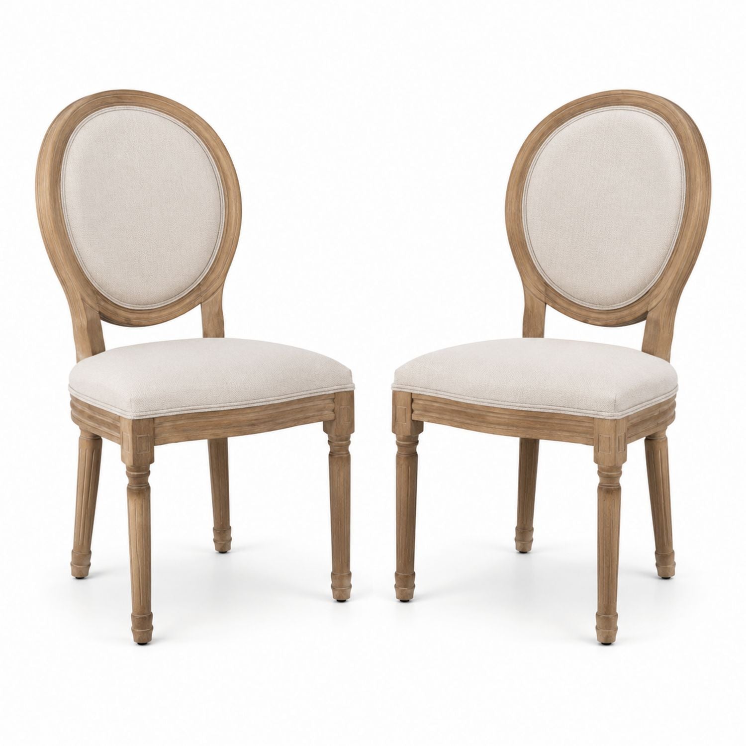 Set of 2 Oval Back Dining Chairs with Wood Frame and Beige Upholstery