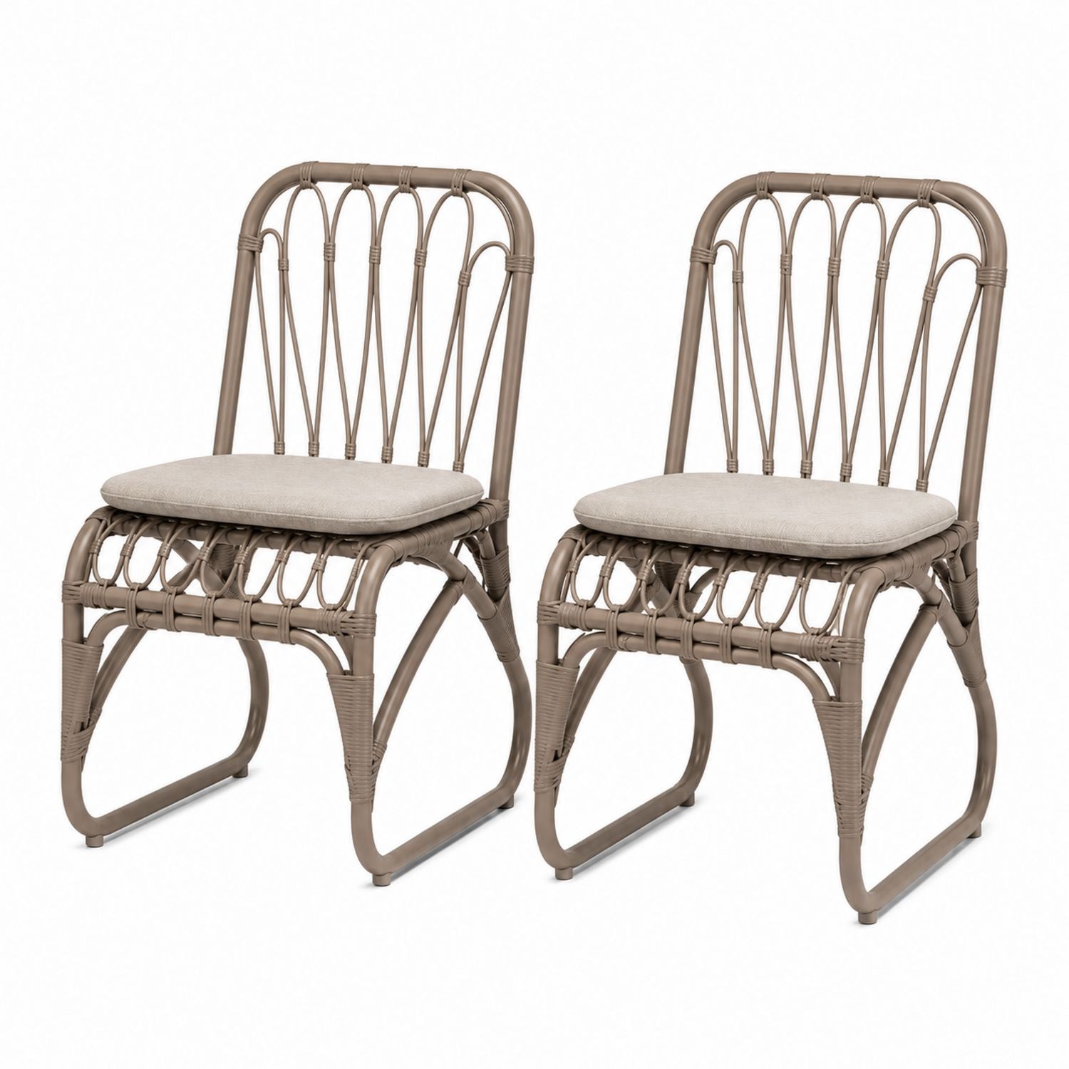 Set of 2 Outdoor Rattan Dining Chairs with Beige Cushions