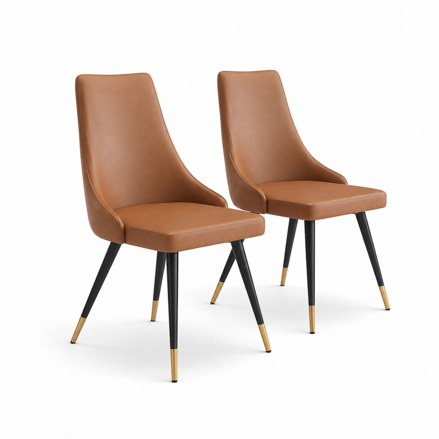 Set of 2 Brown Faux Leather Chairs with Black Metal and Gold Accents