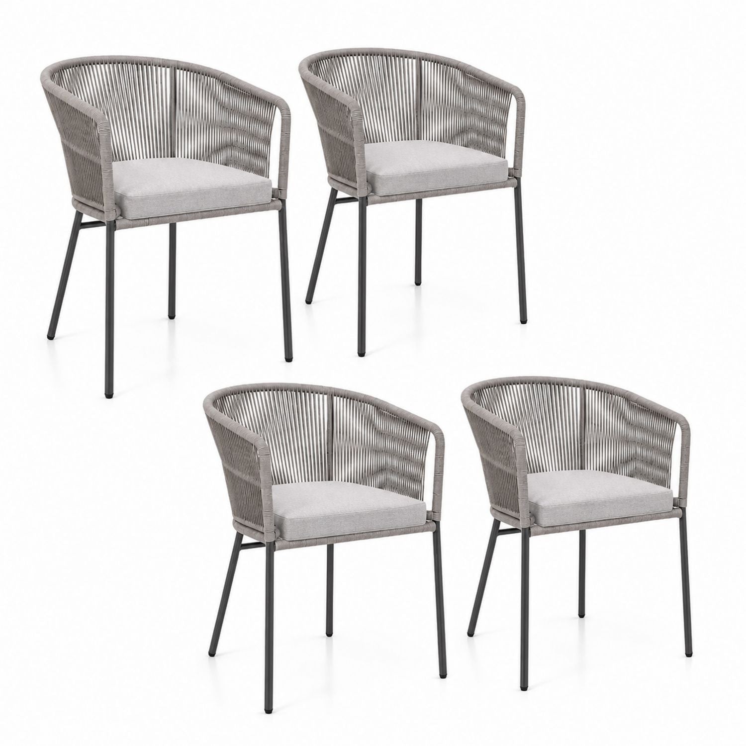 Set of 4 Outdoor Rope Chairs with Metal Frame and Gray Fabric Cushions