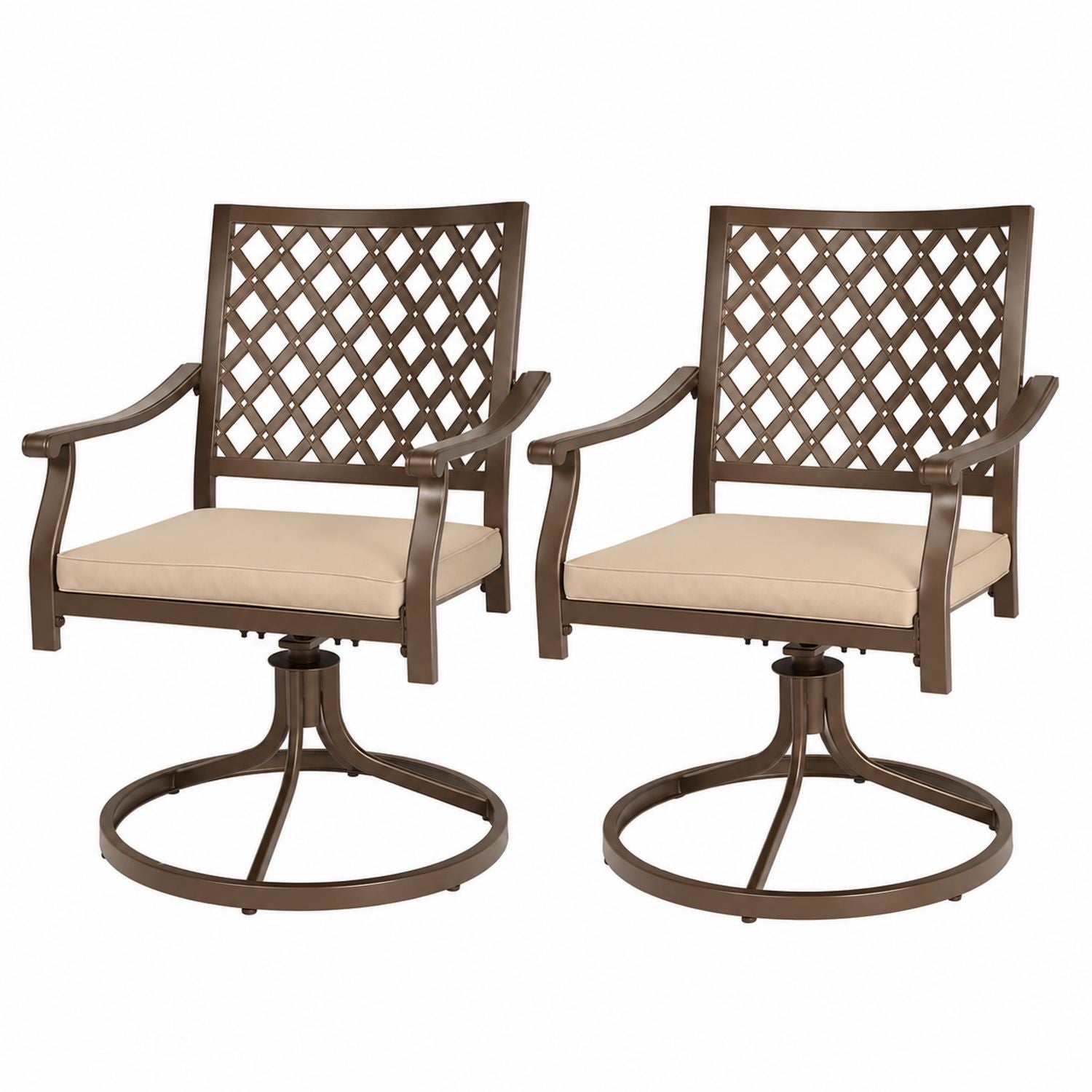 Outdoor Swivel Chairs Set Metal Brown with Beige Cushions 2-Piece