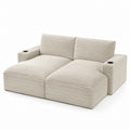 Beige Corduroy Two-Seater Sofa with Cup Holders