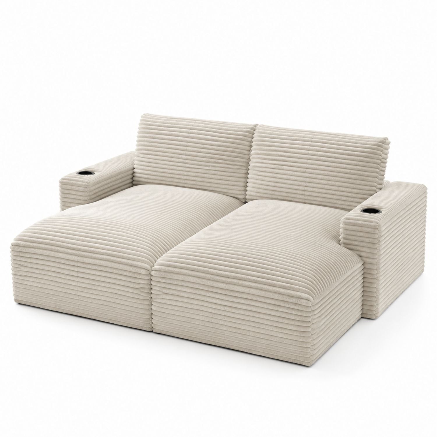 Beige Corduroy Two-Seater Sofa with Cup Holders