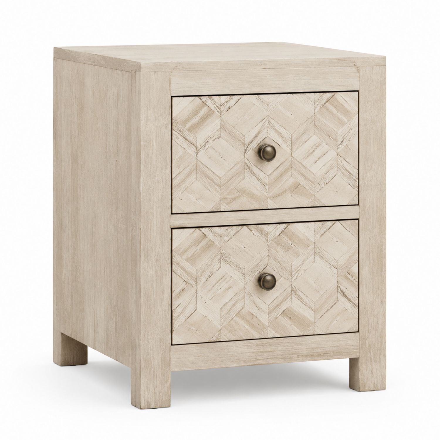 Two-Drawer Oak Wood Nightstand with Geometric Pattern Beige 50cm x 40cm x 60cm
