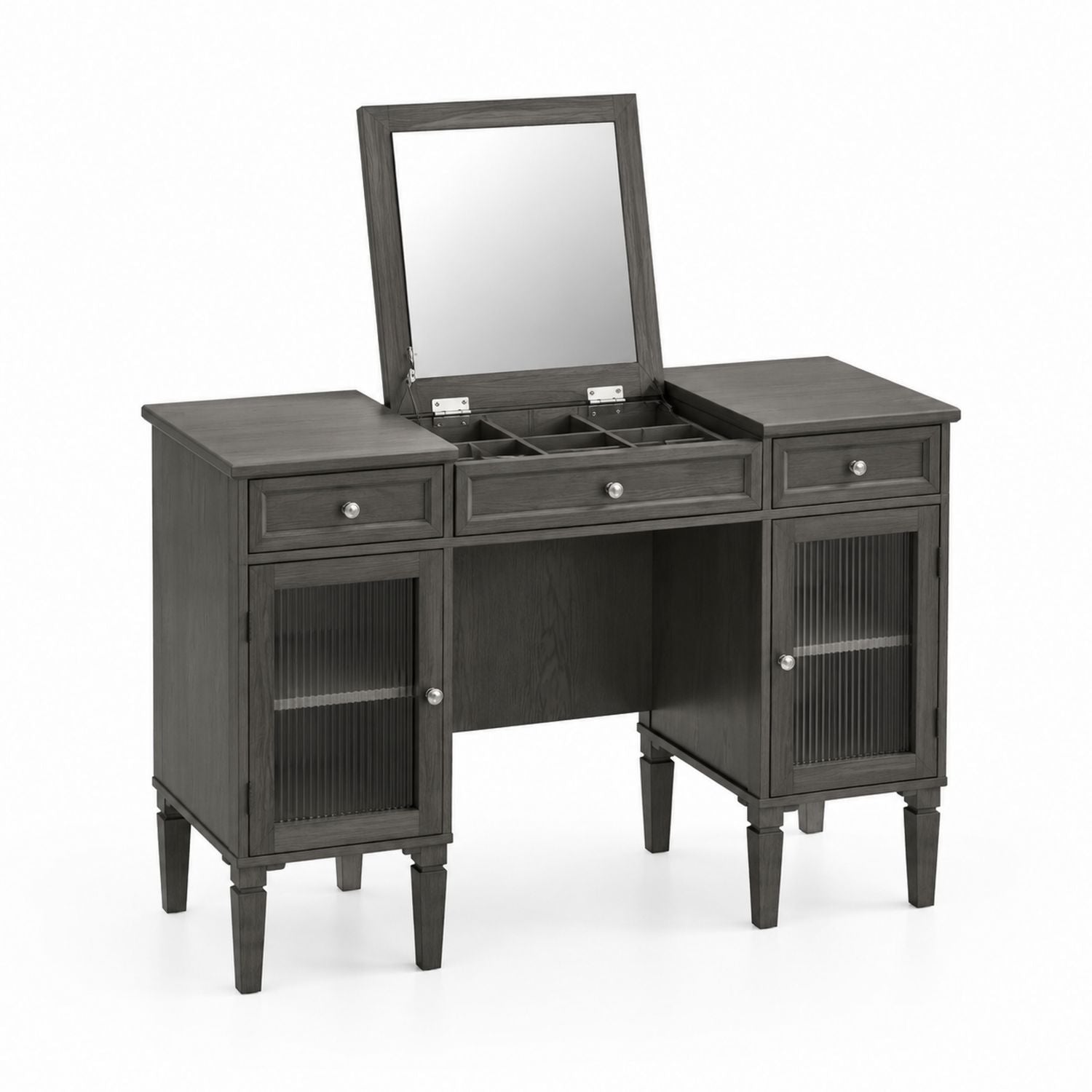 Wood Vanity Set with Mirror and Storage in Gray