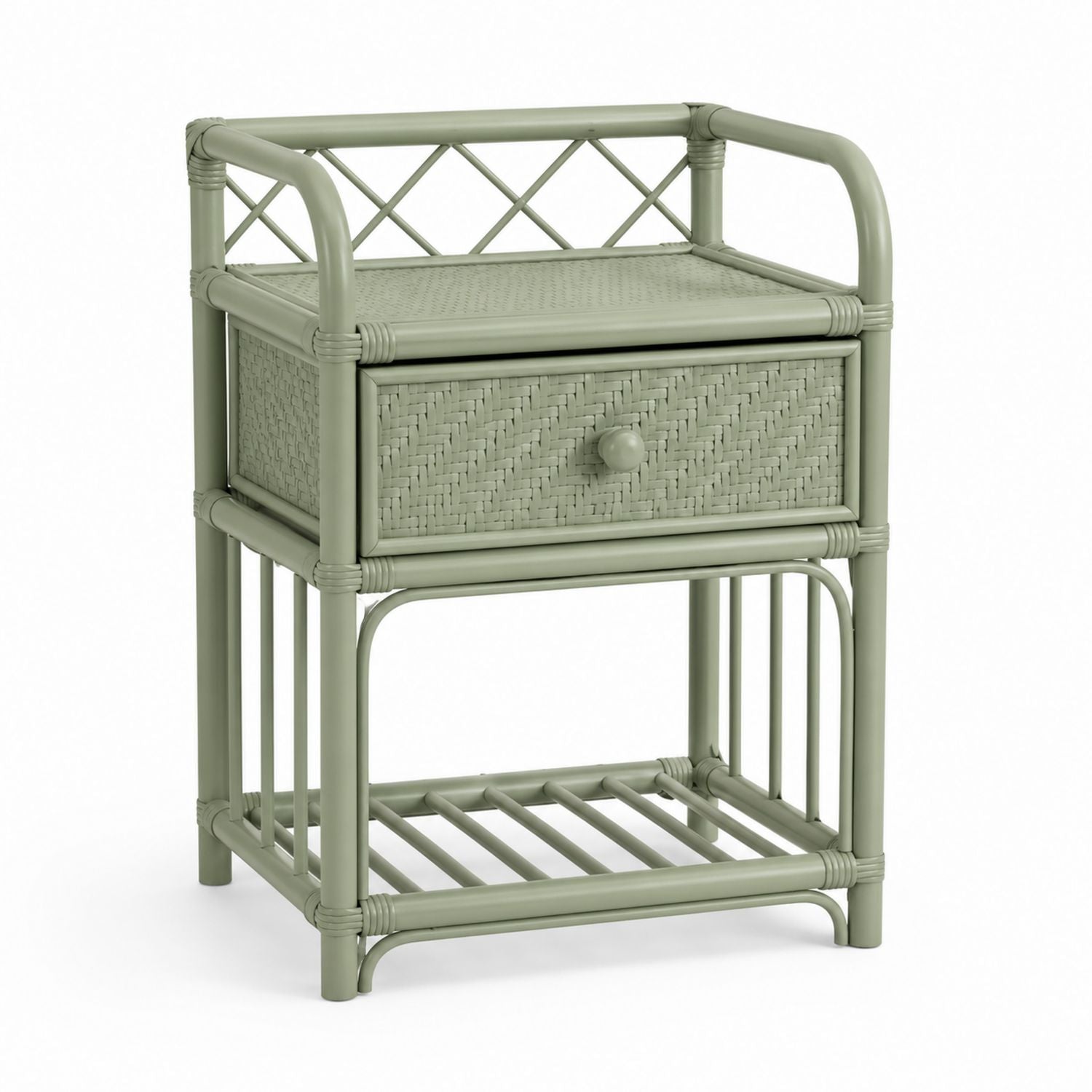 Rattan Nightstand with Single Drawer and Green Finish