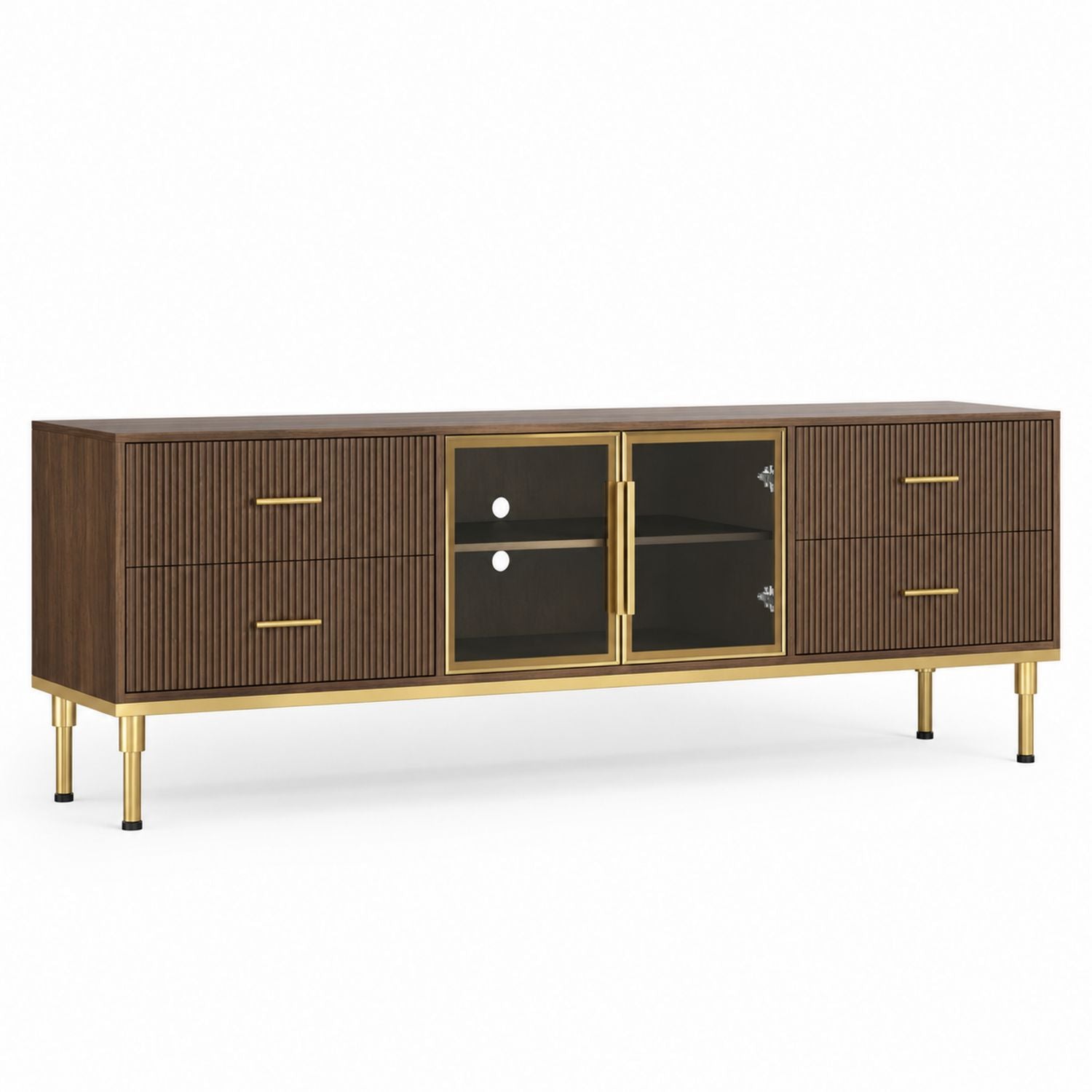Wood TV Stand with Brass Accents and Tempered Glass Doors 180 cm
