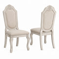 Set of 2 Carved Wood Dining Chairs with Linen Upholstery Beige