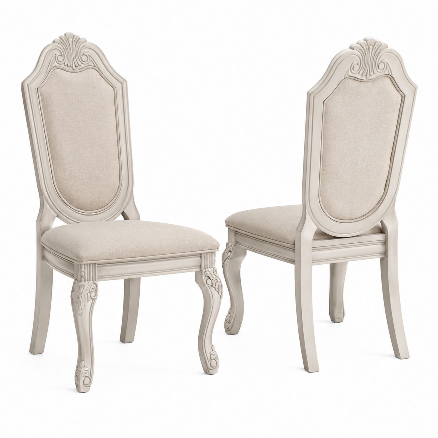 Set of 2 Carved Wood Dining Chairs with Linen Upholstery Beige