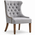 Wingback Tufted Fabric Chair with Wooden Legs in Light Gray