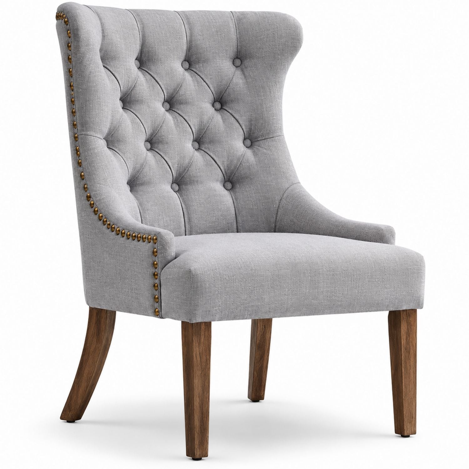 Wingback Tufted Fabric Chair with Wooden Legs in Light Gray