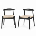 Set of 2 Black Wood Dining Chairs with Natural Fiber Seats