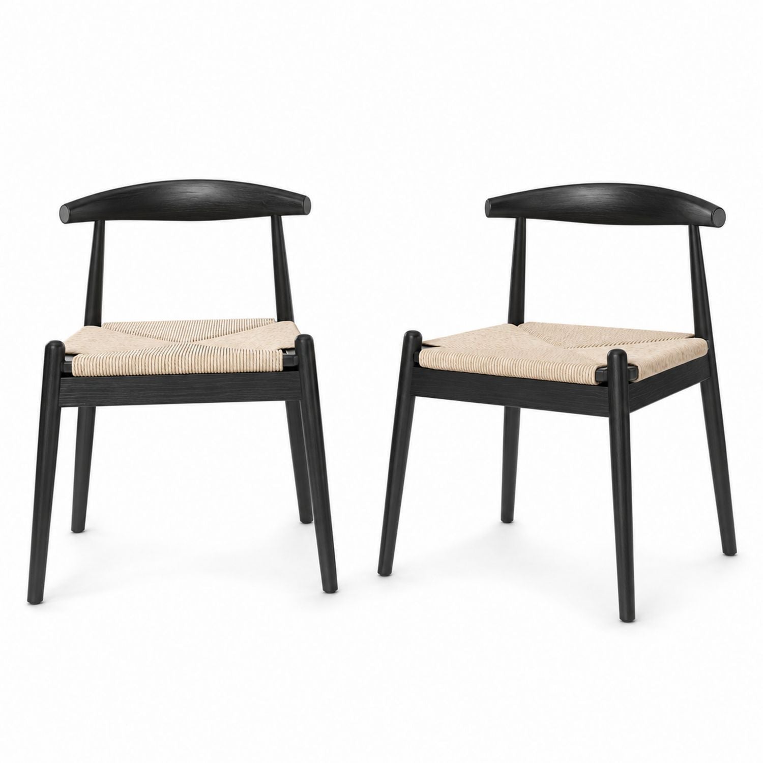 Set of 2 Black Wood Dining Chairs with Natural Fiber Seats