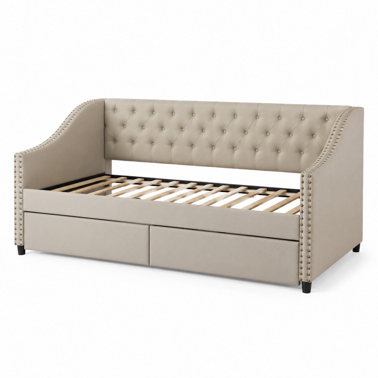 Beige Wood and Polyester Upholstered Tufted Daybed with Trundle
