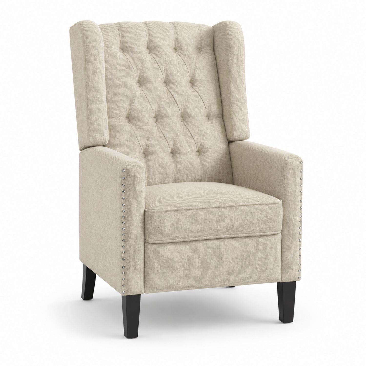 Beige Polyester Fabric Wingback Chair with Button Tufting and Nailhead Trim