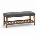 Upholstered Bench with Wood Frame and Storage Shelf, Polyester, Grey, 40x15x18 inches