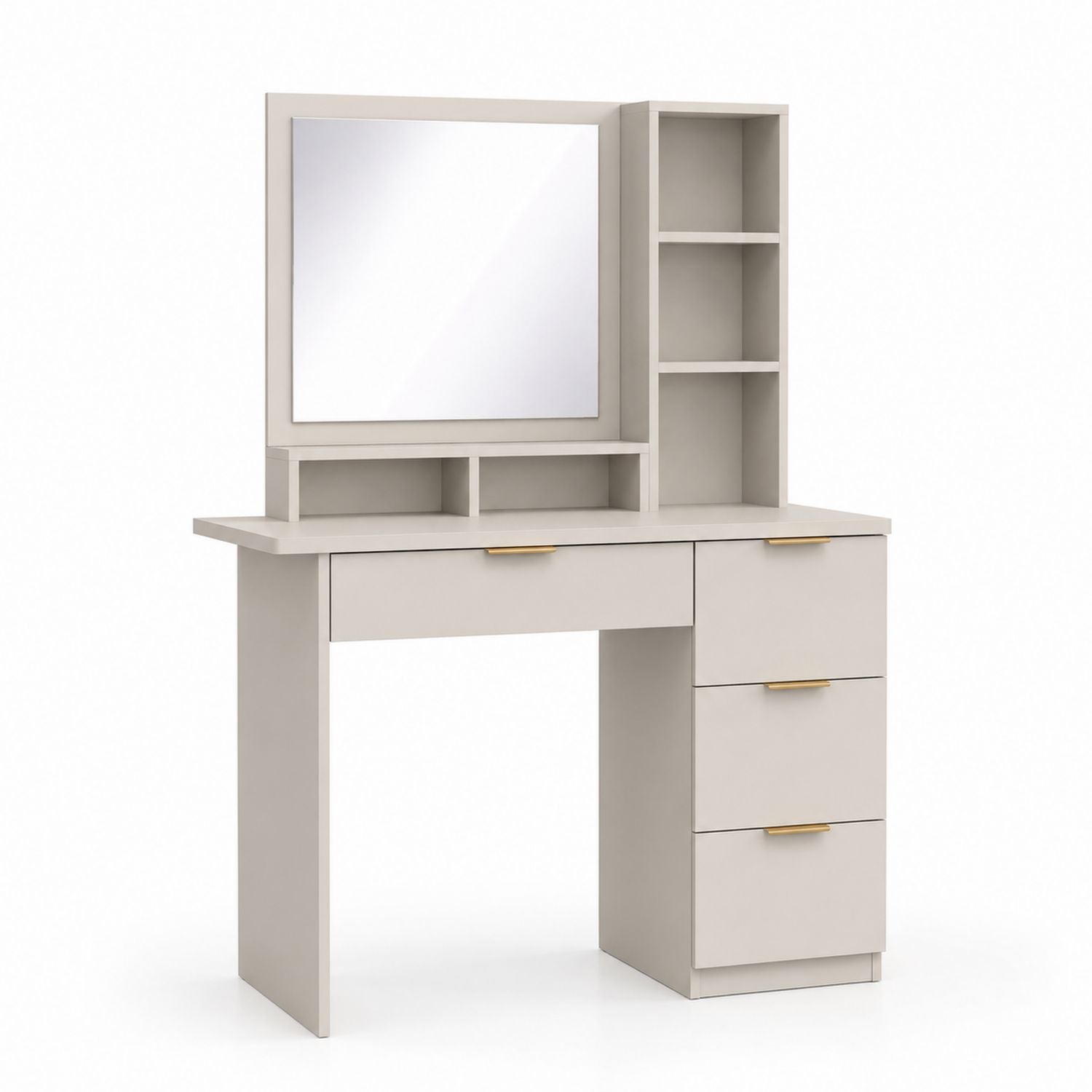Light Gray MDF Vanity Table with Mirror and Storage Shelves