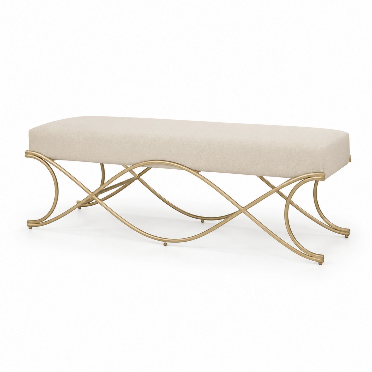Beige Linen Upholstered Bench with Gold Metal Frame 45in x 18in x 18in