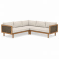 L-Shaped Teak Wood Outdoor Sofa with Wicker Panels and Beige Cushions