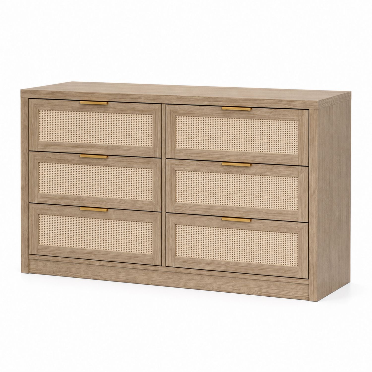 Oak Wood Dresser with Cane 6-Drawer Natural Brown