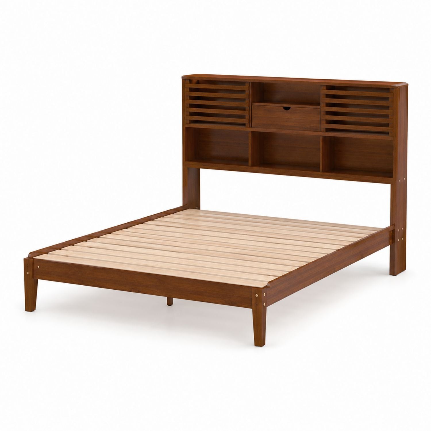 Queen Wood Platform Bed with Storage Headboard and Slatted Base