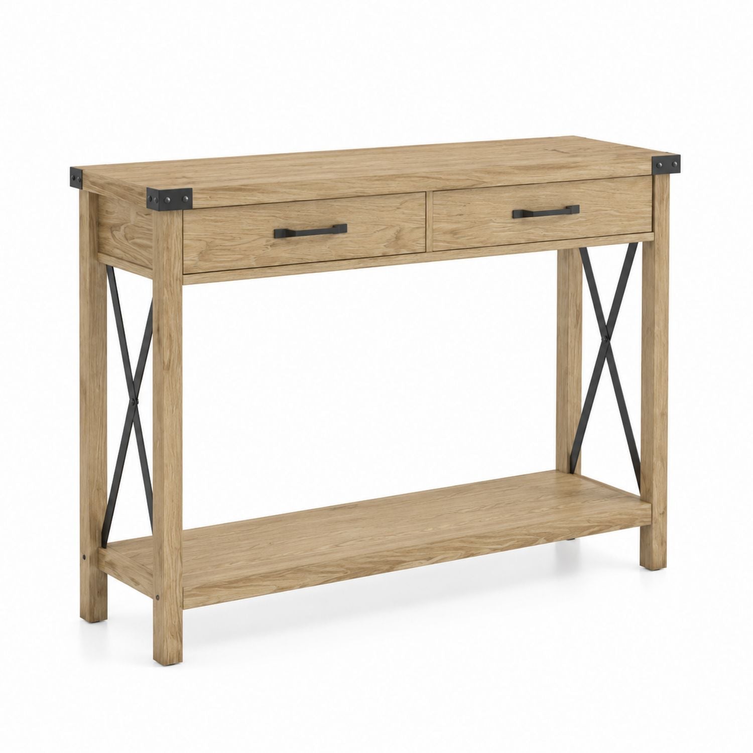 Oak Wood Console Table with Metal Accents and Storage Drawers 120cm x 40cm x 80cm