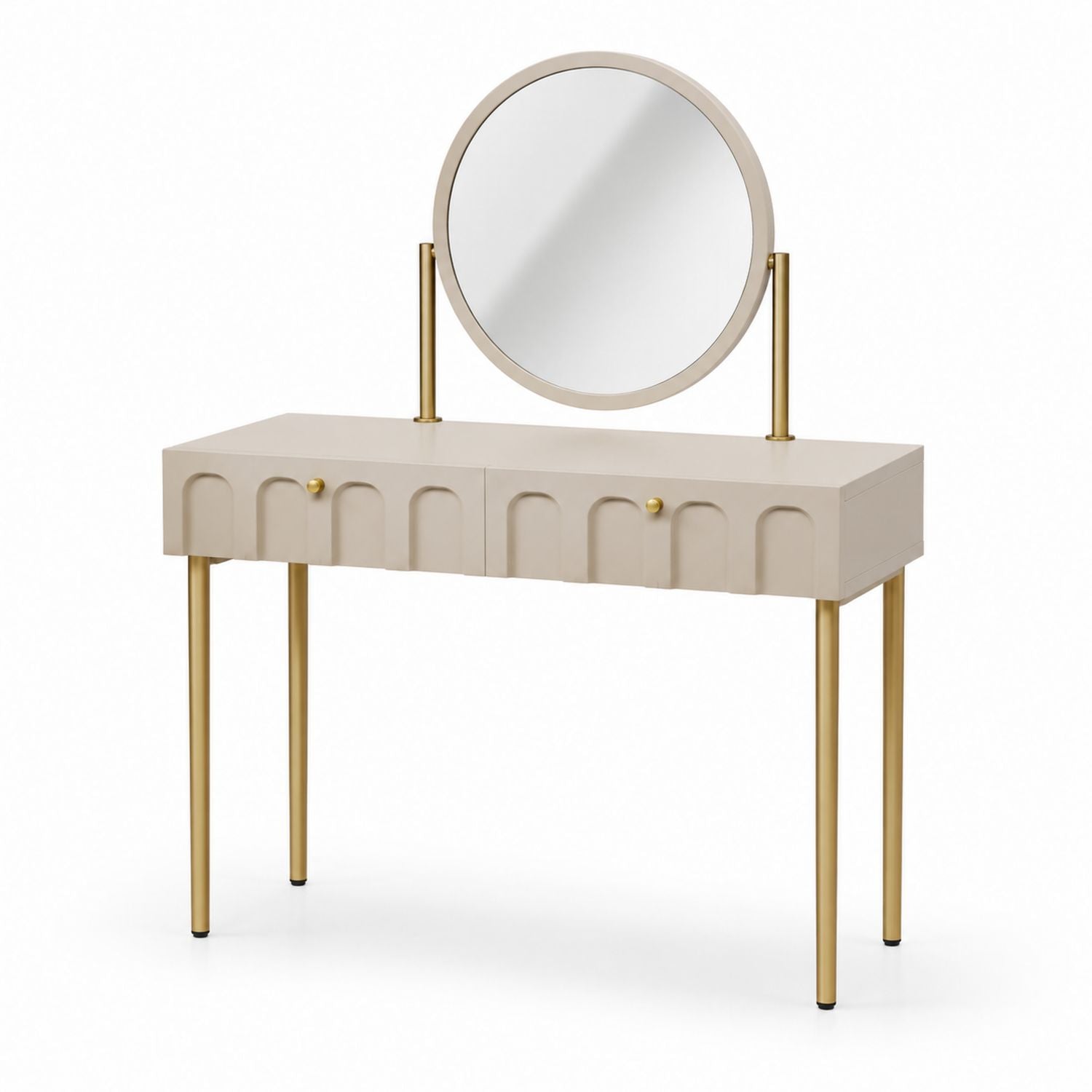 Vanity Table with Round Mirror and Metal Legs Beige