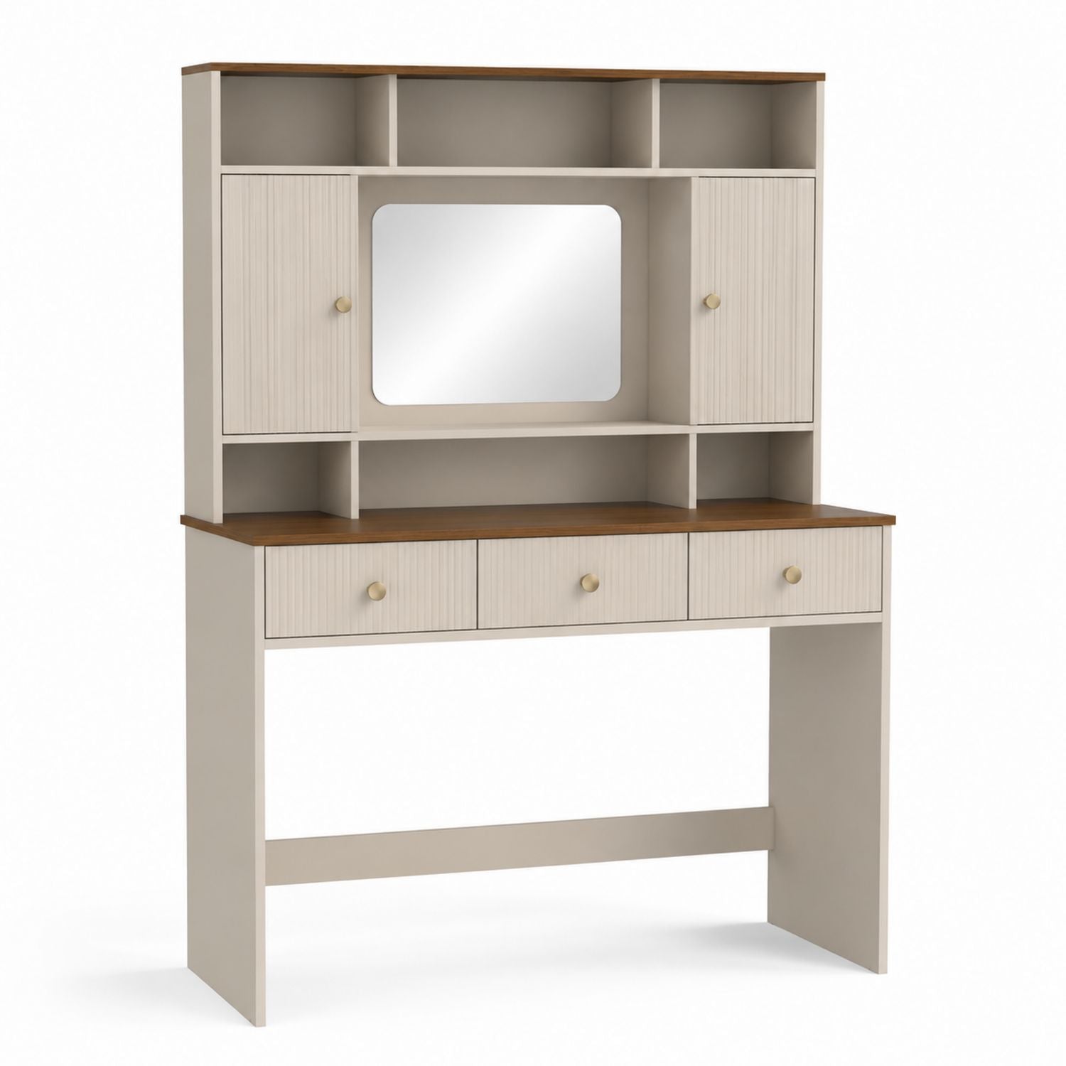 MDF Vanity Desk with Mirror and Storage Shelves Cream/Brown