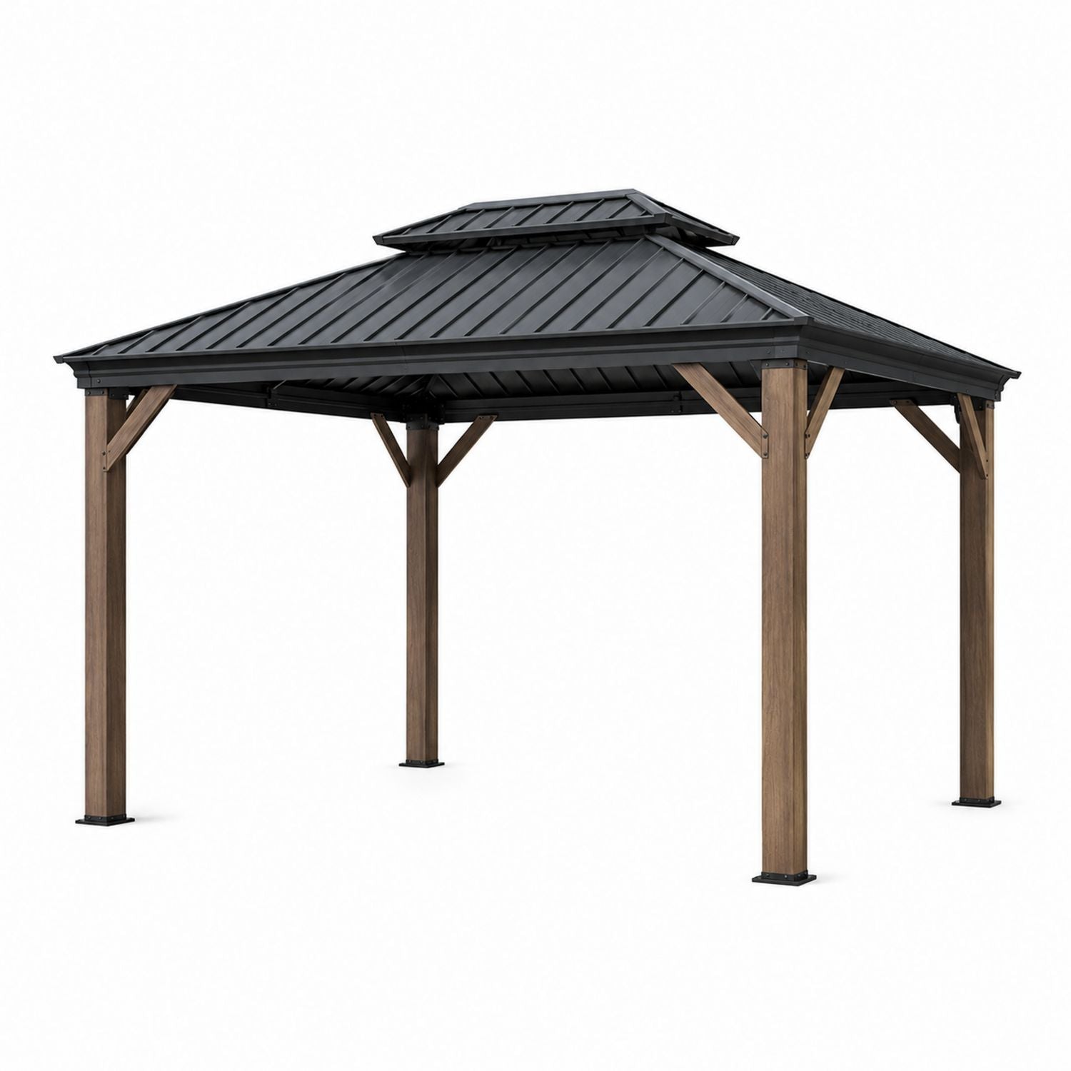 12x12ft Outdoor Aluminum Roof Gazebo with Metal Frame and Wood Finish