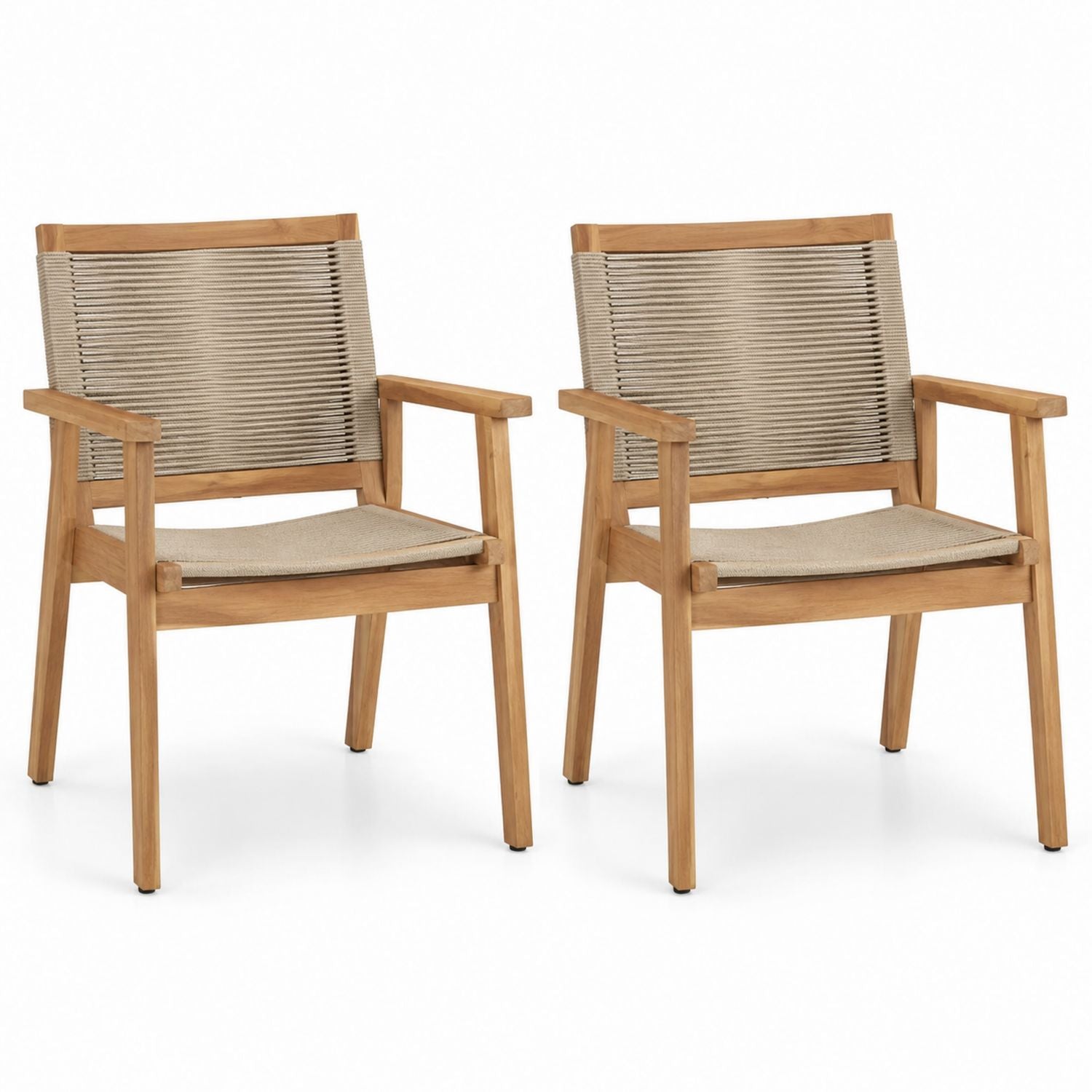 Teak Wood Outdoor Chair Set with Rope Backrest and Armrests, 2 Pieces, Beige